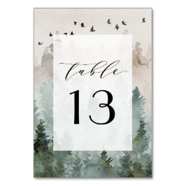 Tarjeta De Mesa Boda de acuarela rústica de bosque de pinos