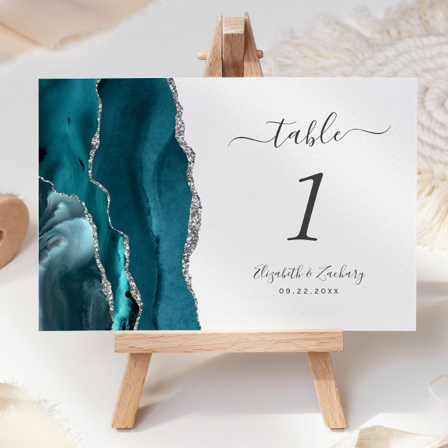 Tarjeta De Mesa Boda de Ágata Azul Teal Plateado (Subido por el creador)