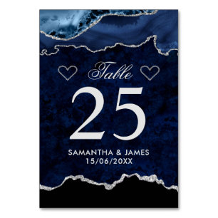 Tarjeta De Mesa Boda de Ágata Azul y Plateado con Brillo Falso de