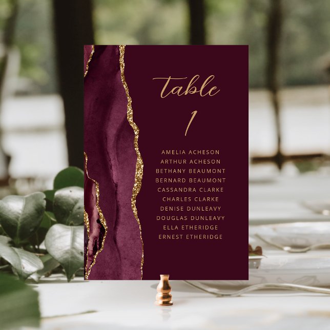 Tarjeta De Mesa Boda de Agata Burdeos Oro Moderno Script (Subido por el creador)