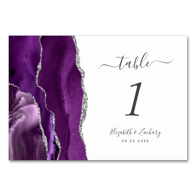 Tarjeta De Mesa Boda de Ágata Plateada Púrpura Moderna (Anverso)
