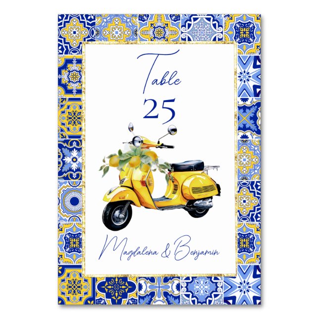 Tarjeta De Mesa Boda de Amalfi Blue Tile Scooter Lemons (Anverso)