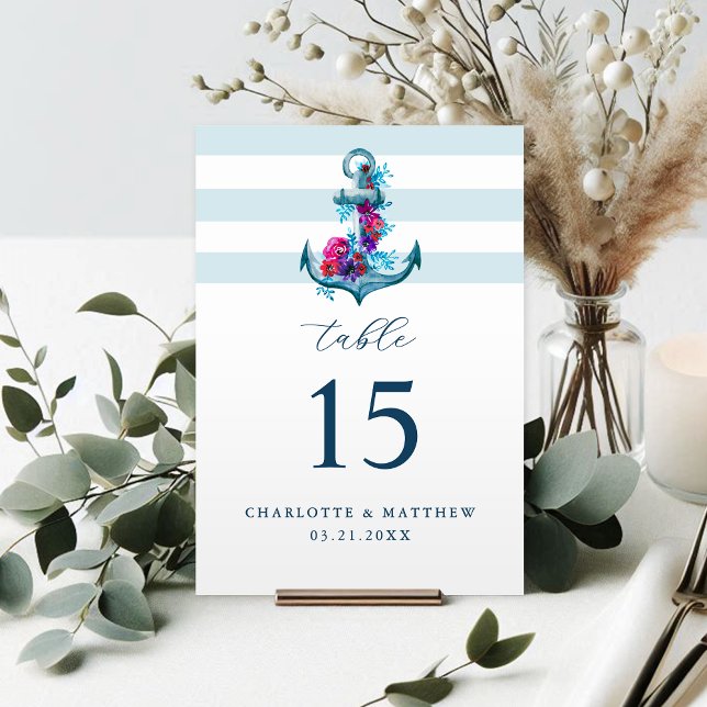 Tarjeta De Mesa Boda de anclaje acuático de franjas azules náutica (Subido por el creador)