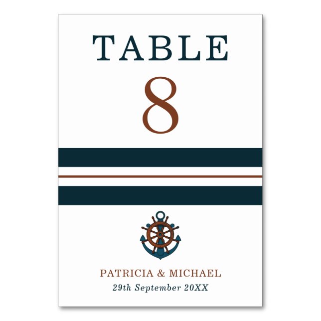 Tarjeta De Mesa Boda de Anclaje Azul de la Marina Náutica (Anverso)