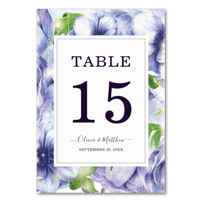 Tarjeta De Mesa Boda de anémona morada floral (Anverso)