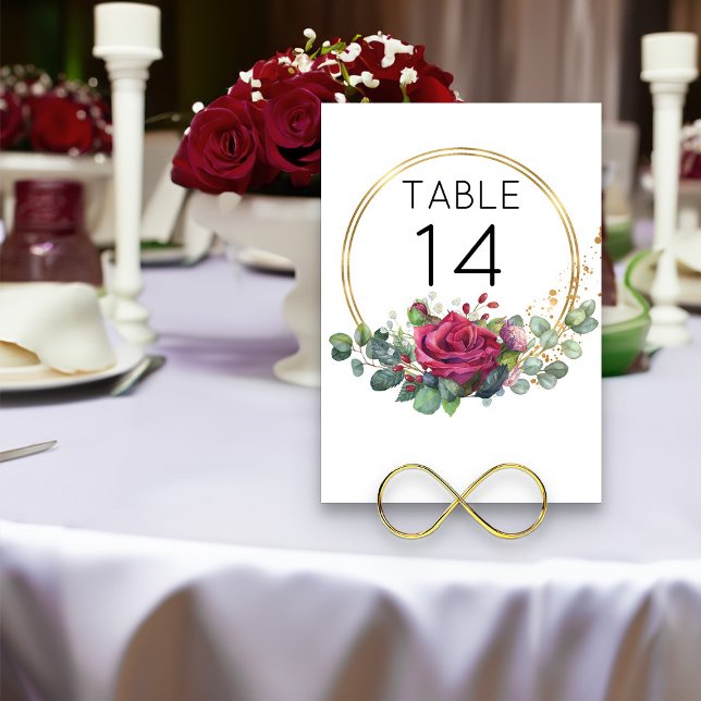 Tarjeta De Mesa Boda de anillos geométricos Red Rose Gold (Red and Gold wedding table number from my Red Rose and Eucalyptus Wedding Collection)