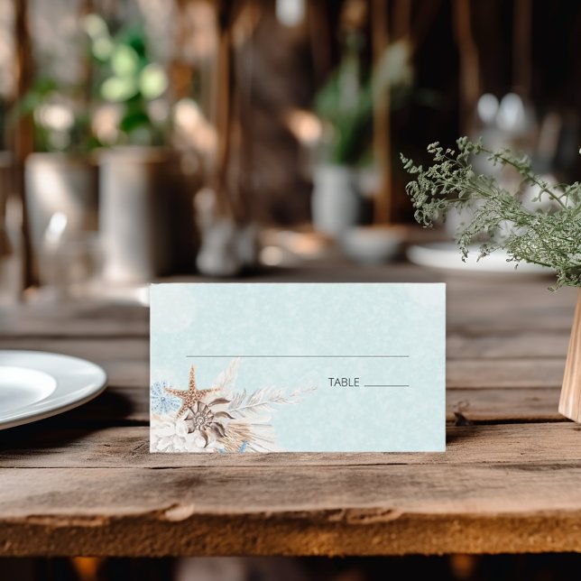Tarjeta De Mesa Boda de Aqua Ocean & Shells (Modern Aqua Ocean & Seashells Wedding Flat Place Card)