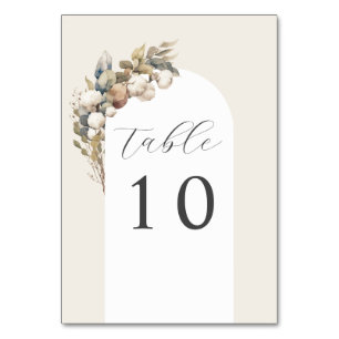 Tarjeta De Mesa boda de arco bohemio de algodón y eucalipto