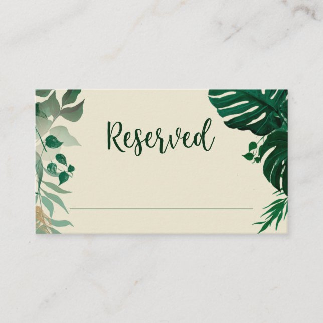 Tarjeta De Mesa Boda de asientos reservados de follaje verde tropi (Anverso)