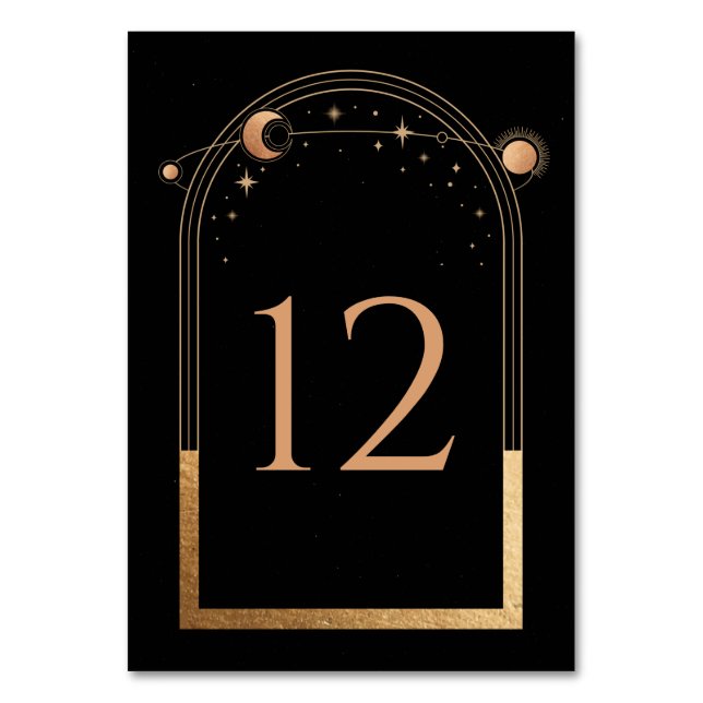 Tarjeta De Mesa Boda de Astronomía Celestial Black Gold Sun Moon (Anverso)