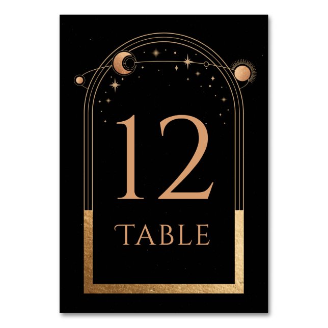 Tarjeta De Mesa Boda de Astronomía Celestial Black Gold Sun Moon (Anverso)