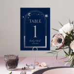 Tarjeta De Mesa Boda de Astronomía de la Luna de Plata Azul Mystic<br><div class="desc">El Boda de Astronomía Mystical Blue Silver Sun Moon Astronomy los números de la tabla presentan sol dorado, luna y estrellas con un marco plateado sobre un fondo negro. Adentro está tu información de invitación de boda personalizada. Personalice editando el texto en los cuadros de texto. NOTA: Por favor, personalizar...</div>