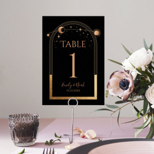 Tarjeta De Mesa Boda de Astronomía Mystical Black Gold Sun Moon