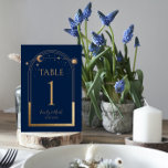 Tarjeta De Mesa Boda de Astronomía Mystical Blue Gold Sun Moon<br><div class="desc">Místico Boda de Astronomía de Blue Gold Sun Moon Table Numbers presenta dorado sol, luna y estrellas con un marco dorado sobre un fondo negro. Adentro está tu información de invitación de boda personalizada. Personalice editando el texto en los cuadros de texto. NOTA: Por favor, personalizar con números de tabla...</div>