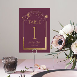 Tarjeta De Mesa Boda de Astronomía Mystical PlumGold Sun Moon