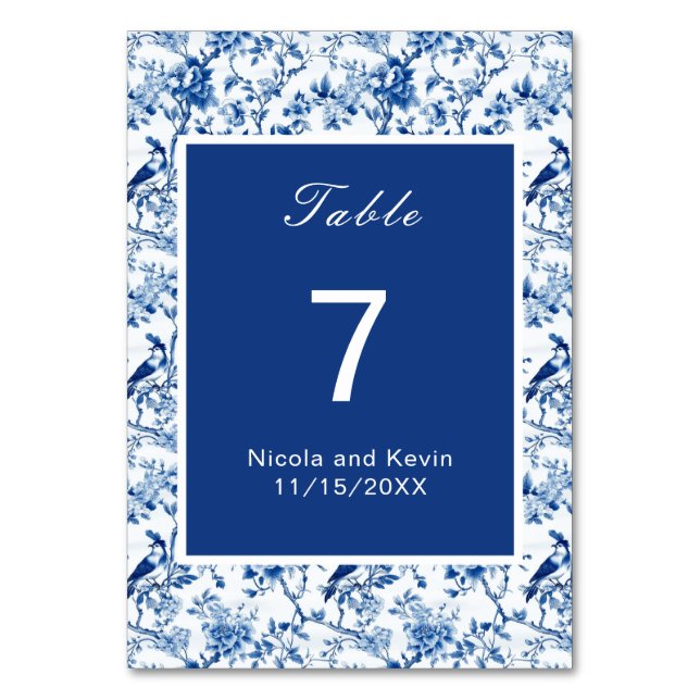 Tarjeta De Mesa Boda de Aves Azules y Flores Chinoiserie (Anverso)