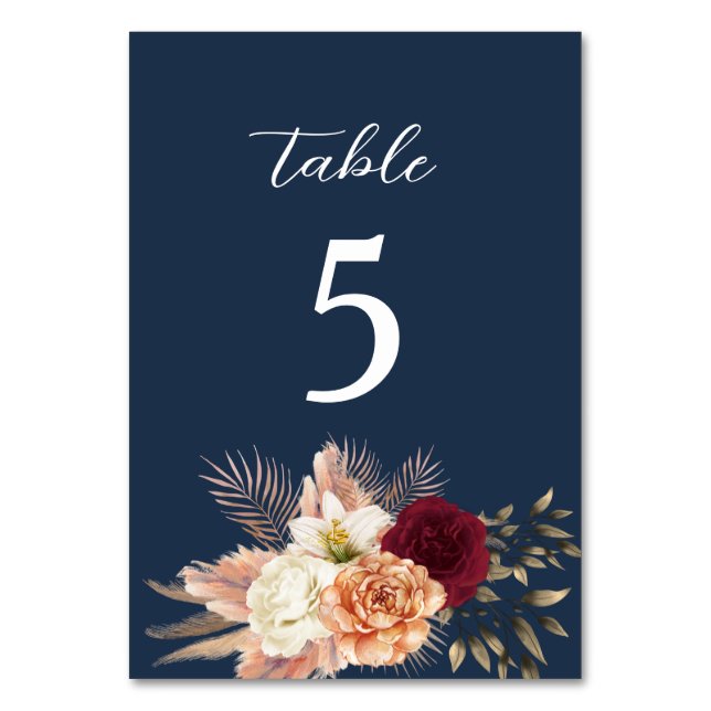 Tarjeta De Mesa Boda de Azul Marino y Borgoña (Anverso)