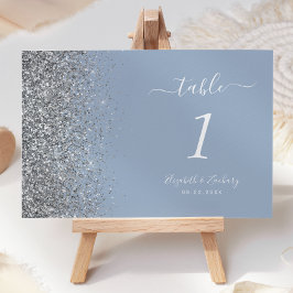 Tarjeta De Mesa Boda de azul polvoriento moderno con borde de bril