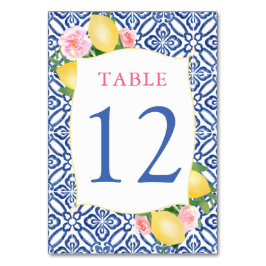 Tarjeta De Mesa Boda de azulejos azules de flores rosadas de Amalf