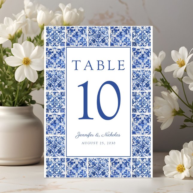 Tarjeta De Mesa Boda de azulejos azules mediterráneos elegantes (Elegant Mediterranean Blue Tiles Wedding Table Number)