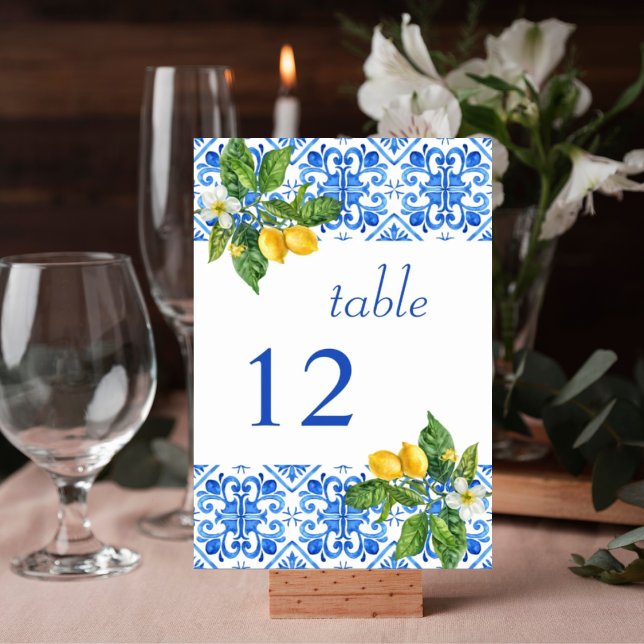 Tarjeta De Mesa Boda de azulejos azules y limones mediterráneos (Subido por el creador)