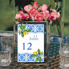 Tarjeta De Mesa Boda de azulejos azules y limones mediterráneos