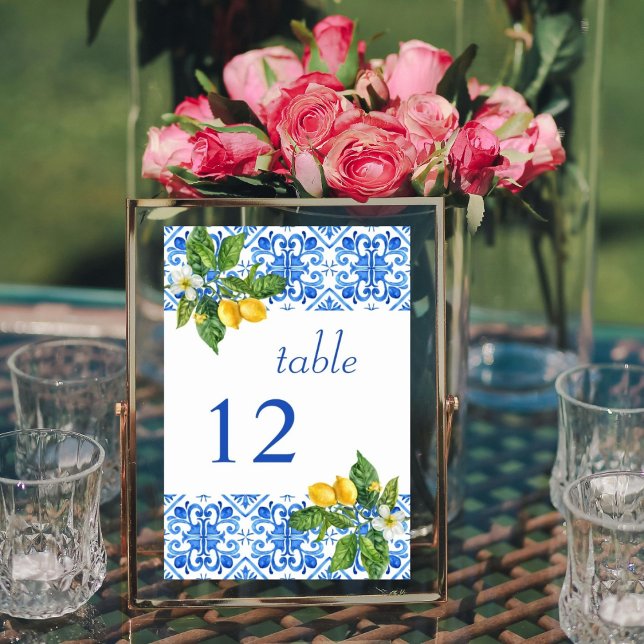 Tarjeta De Mesa Boda de azulejos azules y limones mediterráneos (Subido por el creador)