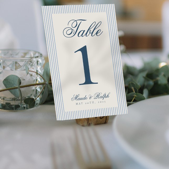Tarjeta De Mesa Boda de banda azul de dinero viejo y eterno (Guide guests to their seats using these Timeless Old Money Thin Stripe Wedding Table Numbers! )