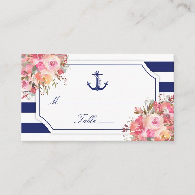 Tarjeta De Mesa Boda de banda azul floral de anclaje náutico (Anverso)
