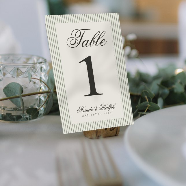 Tarjeta De Mesa Boda de banda verde de dinero viejo y eterno (Guide guests to their seats using these Timeless Old Money Thin Stripe Wedding Table Numbers! )