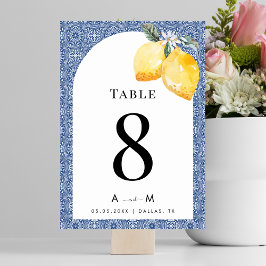 Tarjeta De Mesa Boda de Blue Mediterranean Tile italiano Lemons