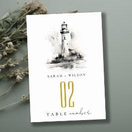Tarjeta De Mesa Boda de boceto náutico del faro blanco y negro