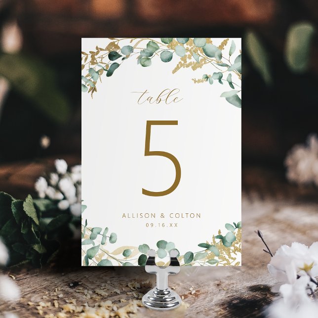 Tarjeta De Mesa Boda de boho de oro de eucalipto rústico (Rustic eucalyptus gold greenery boho wedding table number)