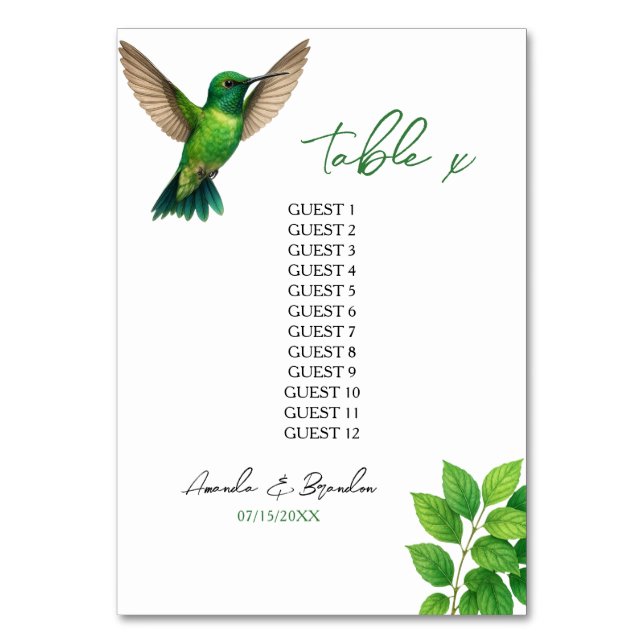 Tarjeta De Mesa Boda de borde botánico de leafy Green Hummingbird (Anverso)