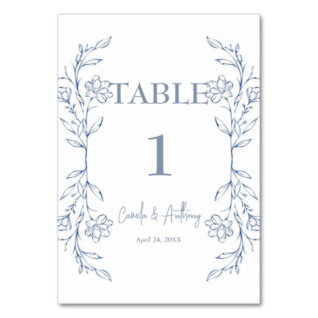 Tarjeta De Mesa Boda de borde lateral de Boho floral azul (Anverso)