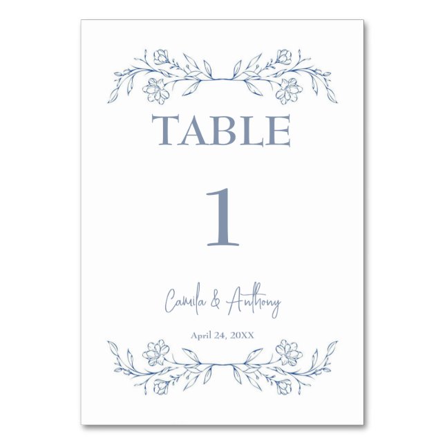Tarjeta De Mesa Boda de borde superior de Blue Floral Boho (Anverso)