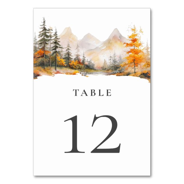 Tarjeta De Mesa Boda de bosque de pino de montaña de otoño rústico (Anverso)