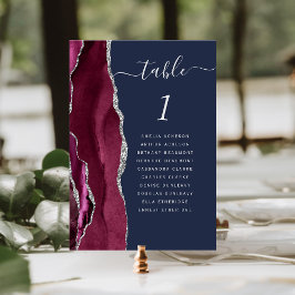 Tarjeta De Mesa Boda de Burgundy Silver Agate Azul Marino