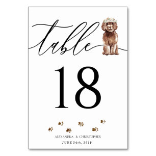 Tarjeta De Mesa Boda de cachorro Cavapoo marrón Caligrafía Firma