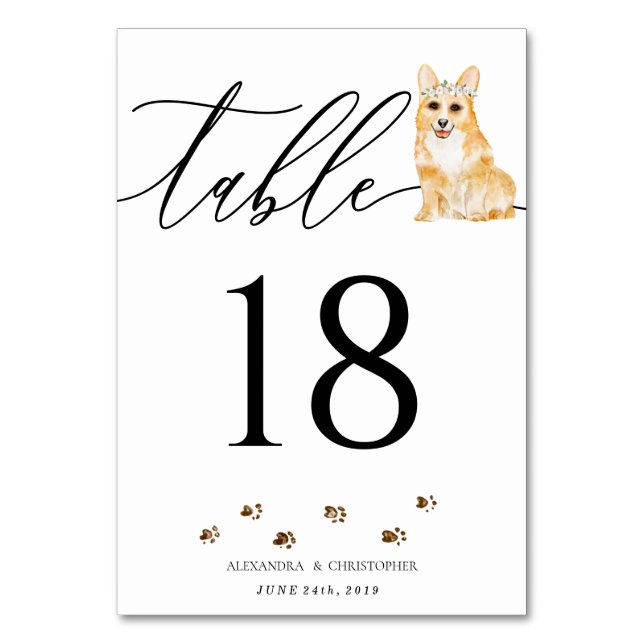 Tarjeta De Mesa Boda de cachorro Corgi caligrafía Firma (Anverso)