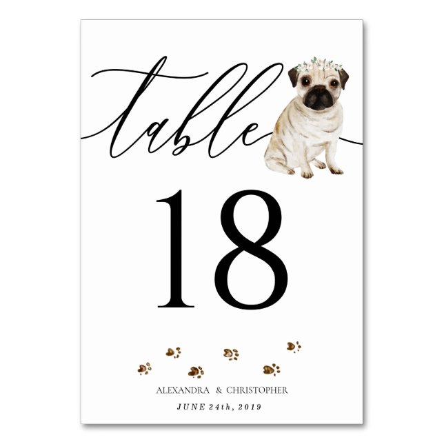 Tarjeta De Mesa Boda de cachorro Pug Dog Caligrafía Firma (Anverso)