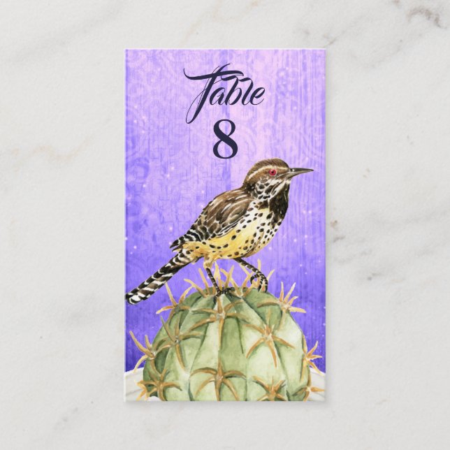 Tarjeta De Mesa Boda de Cactus Acuarela con Pájaro Cucarachero (Anverso)