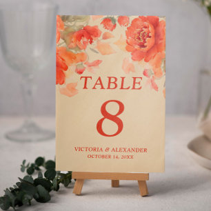 Tarjeta De Mesa Boda de caída floral de Naranja quemado