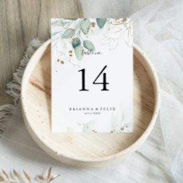 Tarjeta De Mesa Boda de caligrafía de eucalipto de oro