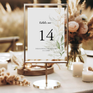Tarjeta De Mesa Boda de caligrafía de follaje verde oro