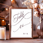 Tarjeta De Mesa Boda de caligrafía de lujo de Borgoña número 1,<br><div class="desc">Cuadro 1. Compruebe todos los números disponibles. | Número de tabla boda de lujo y elegante caligrafía rápida con sus iniciales. Para una personalización más avanzada de este diseño,  haga clic en el BOTÓN HERRAMIENTA DE DISEÑO AZUL de arriba.</div>