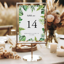 Tarjeta De Mesa Boda de caligrafía de vegetación tropical de desti