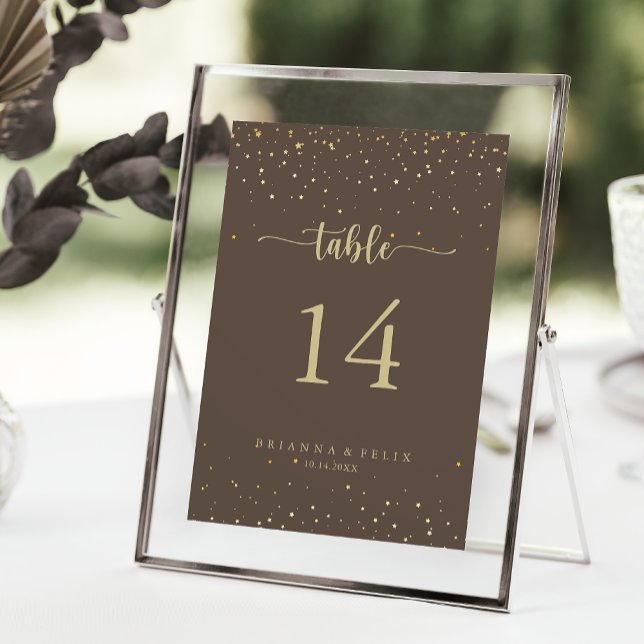 Tarjeta De Mesa Boda de caligrafía dorada Confetti Brown (Subido por el creador)