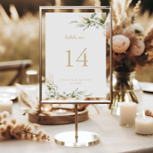 Tarjeta De Mesa Boda de caligrafía dorada de eucalipto con vegetac