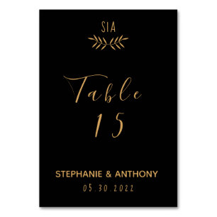 Tarjeta De Mesa Boda de caligrafía mínima de ramas dorada y negra
